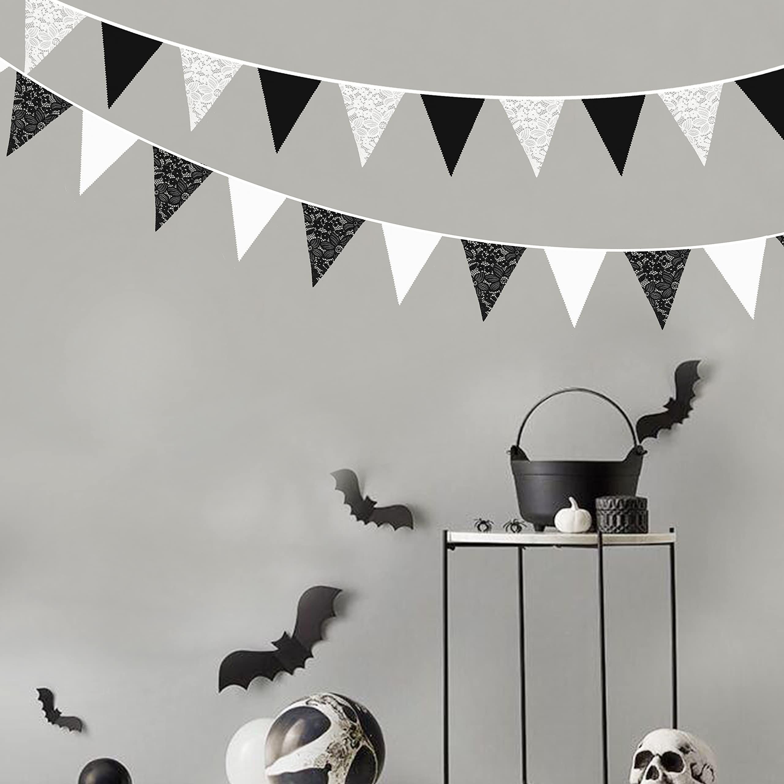 10M/32Ft Black White Pennant Banner Fabric Lace Triangle Flag Cotton Bunting Garland For Wedding Birthday Anniversary Party Home